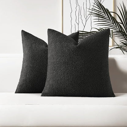 HAUSSY Set of 2 22x22 Decorative Throw Pillow Covers, Soft Cozy Textured Boucle Couch Cases, Home Decor for Couch Bed Living Room, Black