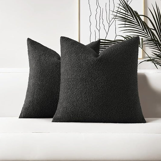 HAUSSY Set of 2 22x22 Decorative Throw Pillow Covers, Soft Cozy Textured Boucle Couch Cases, Home Decor for Couch Bed Living Room, Black
