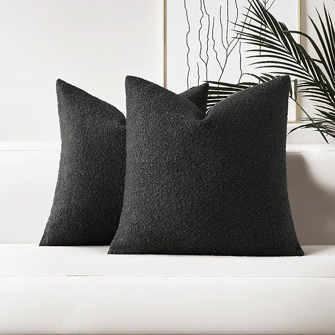 HAUSSY Set of 2 18x18 Decorative Throw Pillow Covers, Soft Cozy Textured Boucle Couch Cases, Home Decor for Couch Bed Living Room, Black