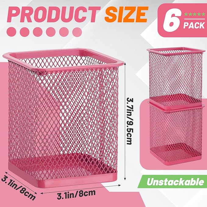 Segarty Pen Cup, 6 Pack Square Dark Pink Pen Holder for Desk, Multifuntional Mesh Pencil Cups Containers for Marker, Office Supplies, School Students, Home, Desktop Accessories Storage Organizer