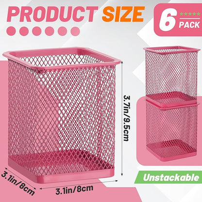 Segarty Pen Cup, 6 Pack Square Dark Pink Pen Holder for Desk, Multifuntional Mesh Pencil Cups Containers for Marker, Office Supplies, School Students, Home, Desktop Accessories Storage Organizer