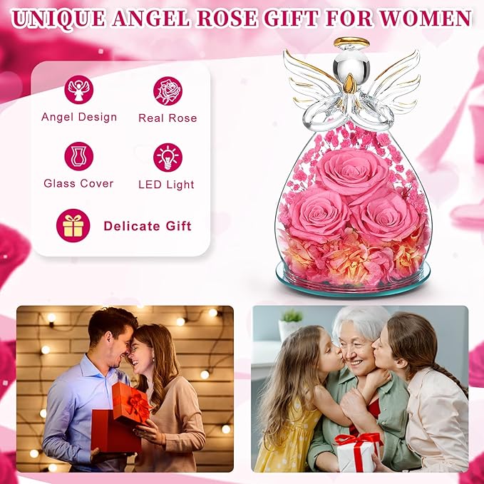 Beferr Valentines Day Rose Gifts for Her Women Mom Gifts for Birthday, Fresh Flowers for Delivery Prime Forever Preserved Rose in Glass Angel Figurine, for Grandma Wife Kids Daughter