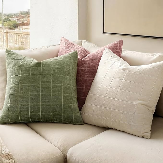 MIULEE Decorative Chenille Check Throw Pillow Covers Vintage Plaid Couch Pillows 18x18 Inch Set of 2 Neutral Boho Farmhouse Cushion Covers Modern Spring Decor for Sofa Bed Living Room Grass Green