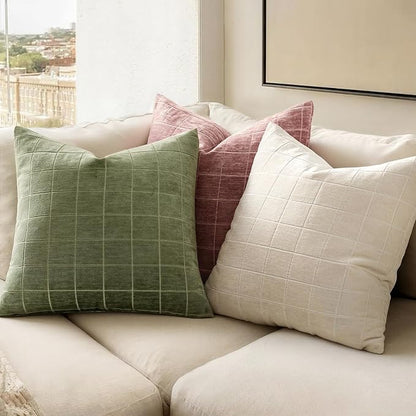 MIULEE Decorative Chenille Check Throw Pillow Covers Vintage Plaid Couch Pillows 18x18 Inch Set of 2 Neutral Boho Farmhouse Cushion Covers Modern Spring Decor for Sofa Bed Living Room Grass Green