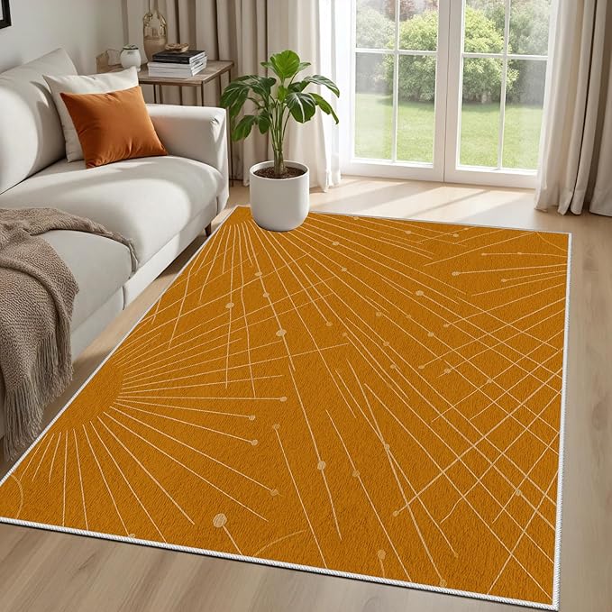 Modern Washable Area Rug 4x5, Boho Minimalist Non-Slip Rugs, Abstract Striped Soft Carpet for Living Room Bedroom Nursery Room Home Decor Office, Pet Friendly, Orange Beige