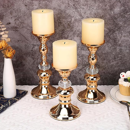 OwnMy Set of 3 Rose Gold Metal Pillar Candlestick Holders Brass Pillar Candle Holders for 3 Inch Candles, Elegant Metal Crystal Candle Stands for Dining Table, 6.7"+8.3"+9.3" Height Set