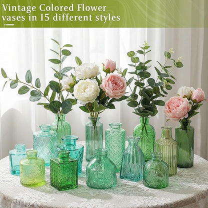 Set of 15 Green Colored Glass Bud Vases - Small Textured Flower Vases for Centerpieces, Wedding Table Decor, Retro Home Decor Bulk Vase Set for DIY, Events & Gifts