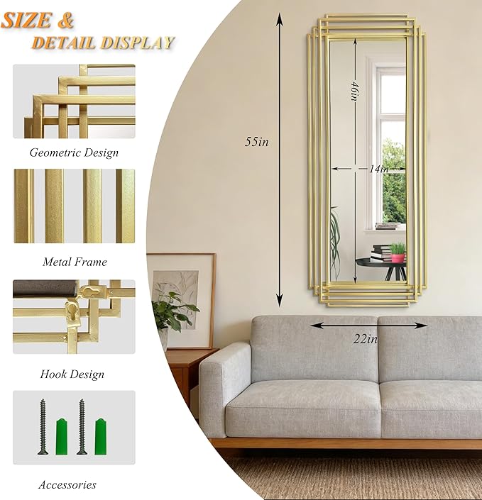 Gold Rectangle Mirror, 55"x22" Geometric Art Deco Mirror with Metal Frame, Large Modern Elegant Wall Mirrors for Living Room Bathroom Entryway Hallway, Hangs Vertically or Horizontally