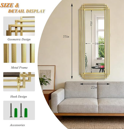 Gold Rectangle Mirror, 55"x22" Geometric Art Deco Mirror with Metal Frame, Large Modern Elegant Wall Mirrors for Living Room Bathroom Entryway Hallway, Hangs Vertically or Horizontally