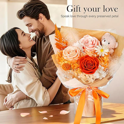 Preserved Flowers Bouquet with Bear, 3 Real Forever Flowers for Delivery, Long-Lasting Orange Eteranl Roses Bouquet, Anniversary Birthday Valentine Gifts for Women Mom Grandma Her Wife Girlfriend