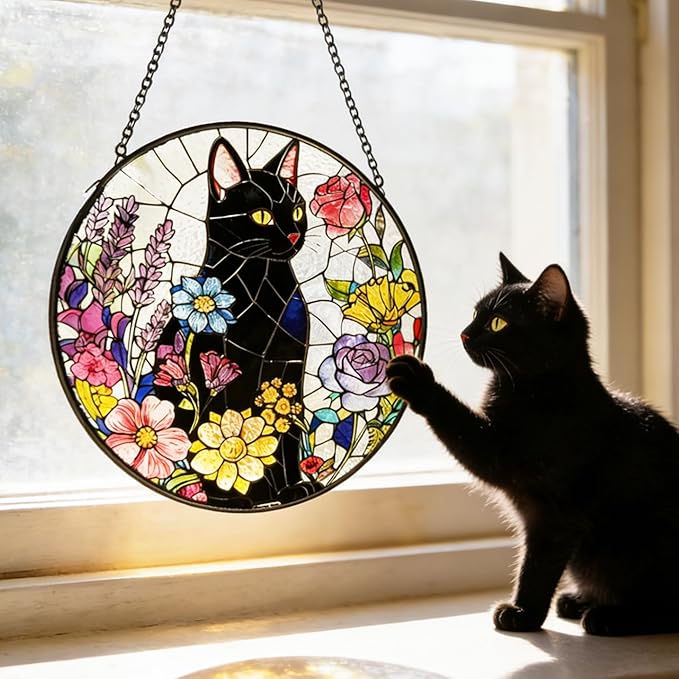 Cat Stained Glass Suncatcher Window, Hanging Sun Catchers Indoor Window, Suncatcher for Mom/Women (Black Cat & Flower)