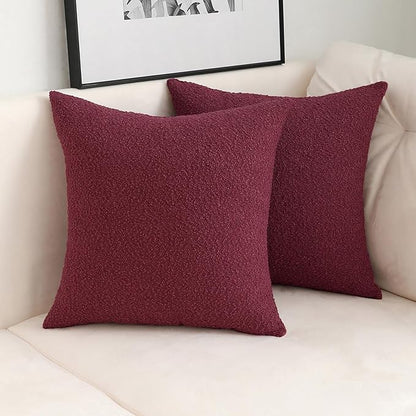Jeneoo Burgundy Red Decorative Square Thick Throw Pillow Covers Fine Textured Boucle Couch Cushion Cases for Home Livingroom Sofa Decor, Set of 2, 18 x 18 Inch