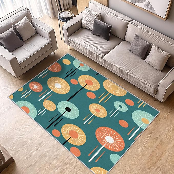 Mid-Century Modern Rug Runner - Retro Mid Century Carpet, 6x9 Rug, Colorful Circle Aesthetic Rug & Home Decor, Contemporary Area Rug & Room Decor, Washable Non Slip Anti Skid Rugs