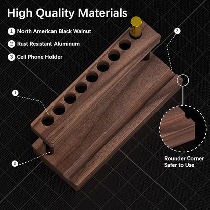 Pencil & Pen Holder for Desk, Solid Walnut Pen Display Stand with 9 Slots and Cell Phone Holder, Aesthetic Pen Organizer for Minimalist Office Desk Decor