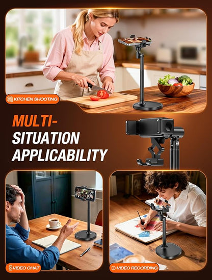 Golbinbox Phone Stand for Desk, [One-Click Release] Adjustable Height & Angle, 180° Flip & 360° Rotation Retractable Cell Phone Stand for Recording, Universal Desktop Holder for iPhone Samsung Android