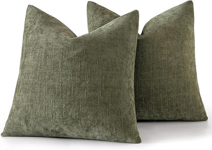 MIULEE Pack of 2 Decorative Throw Pillow Covers Soft Chenille Christmas Throw Pillows Solid Textured Cushion Covers for Spring Couch Sofa Bedroom Living Room 18x18 Inch, Olive Green