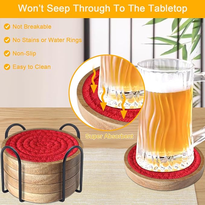 Coasters for Drinks Absorbent Sets of 5, Woven Coasters with Holder, Housewarming Gift for Farmhouse Home Decor, 4 inches (Red)