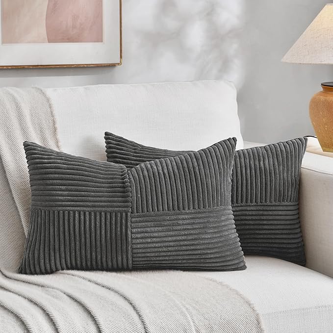Fancy Homi 2 Packs Dark Gray Lumbar Decorative Throw Pillow Covers 16x28 Inch for Living Room Couch Bed Sofa, Farmhouse Home Decor, Soft Striped Corduroy Rectangle Accent Cushion Case 40x70 cm
