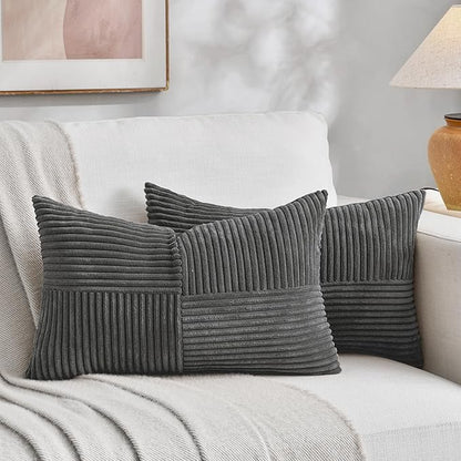 Fancy Homi 2 Packs Dark Gray Lumbar Decorative Throw Pillow Covers 14x22 Inch for Living Room Couch Bed Sofa, Farmhouse Home Decor, Soft Striped Corduroy Rectangle Accent Cushion Case 35x55 cm