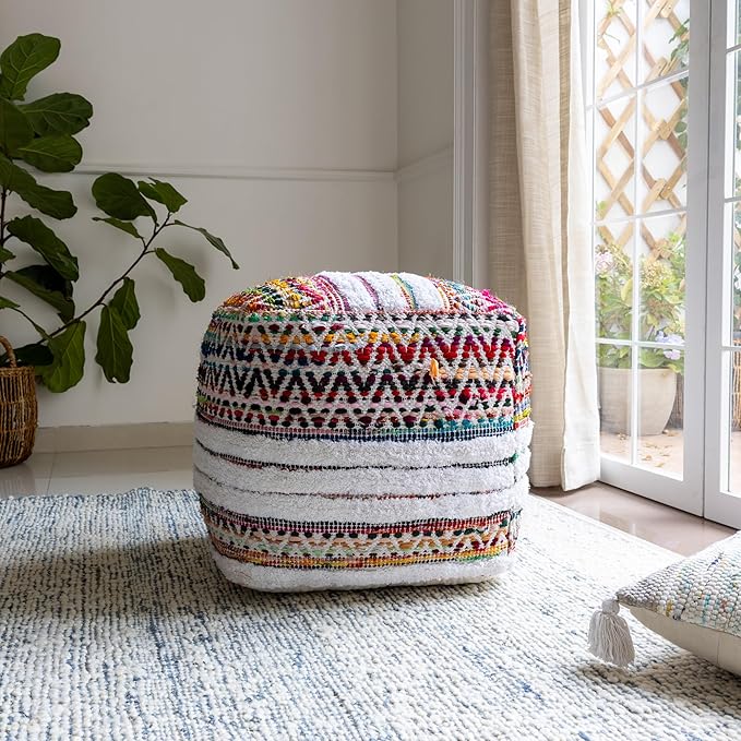 L. R. Resources, Inc. LR Home Multi/White Bohemian Chevron Hand-Made Cotton Blend Ottoman Pouf for Home Decor | Foot Rest for Bedroom & Living Room Decor | 18 x 18 x 18 Stuffed Ottoman for Seating