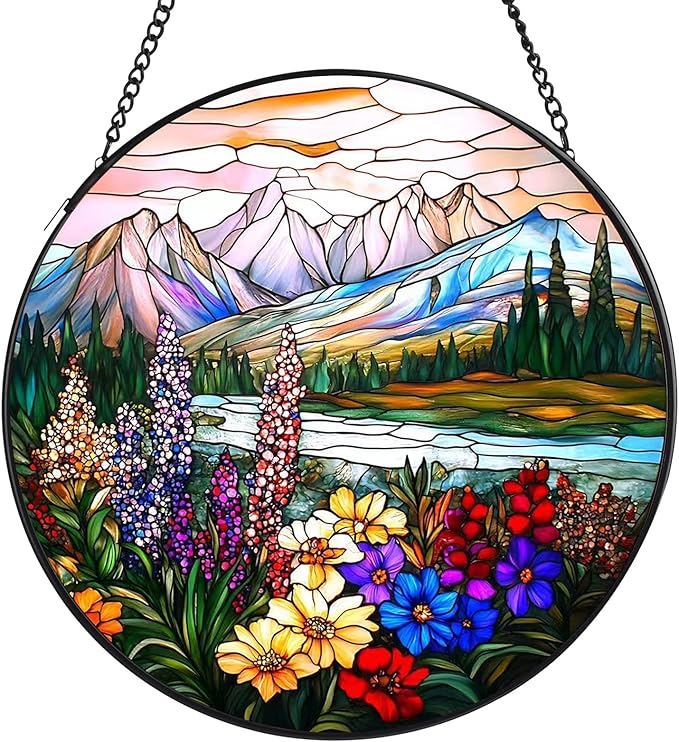 Valley Stained Glass Window Hanging, 7.8" Round Sun Catcher Hand Painted Wall Art Decor with Chain, Unique Housewarming Gifts for Couples, Home