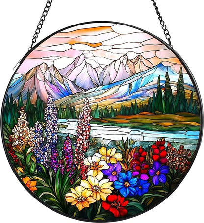 Valley Stained Glass Window Hanging, 7.8" Round Sun Catcher Hand Painted Wall Art Decor with Chain, Unique Housewarming Gifts for Couples, Home