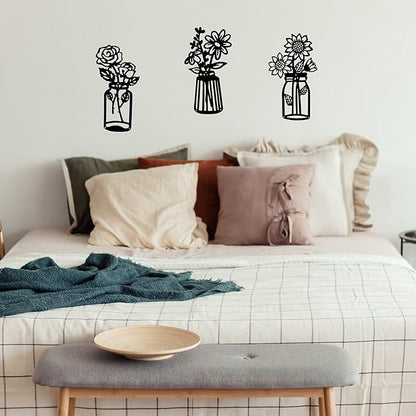 3 Pieces Sunflower Roses Daisy Black Metal Flowers Wall Decor Metal Vase Wall Art Metal Wall Sculptures Hanging for Indoor Kitchen Bathroom Bedroom Living Room,14.56x7.87 inches