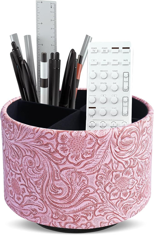 lizimandu Round Leather Art Supply Organizer,Remote Control Holder,360 Degree Spinning,Multi-Functional Pencil Holder,4 Compartments Desktop Stationary Organizer(1-Carved Pink)