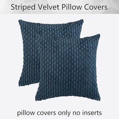 Kevin Textile Pack of 2 Blue Corduroy Decorative Throw Pillow Covers 24x24 Inch Soft Boho Striped Pillow Covers Modern Farmhouse Home Decor for Autumn Sofa Living Room Couch Bed