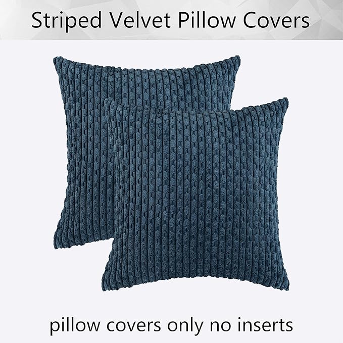 Kevin Textile Pack of 2 Blue Corduroy Decorative Throw Pillow Covers 16x16 Inch Soft Boho Striped Pillow Covers Modern Farmhouse Home Decor for Autumn Sofa Living Room Couch Bed