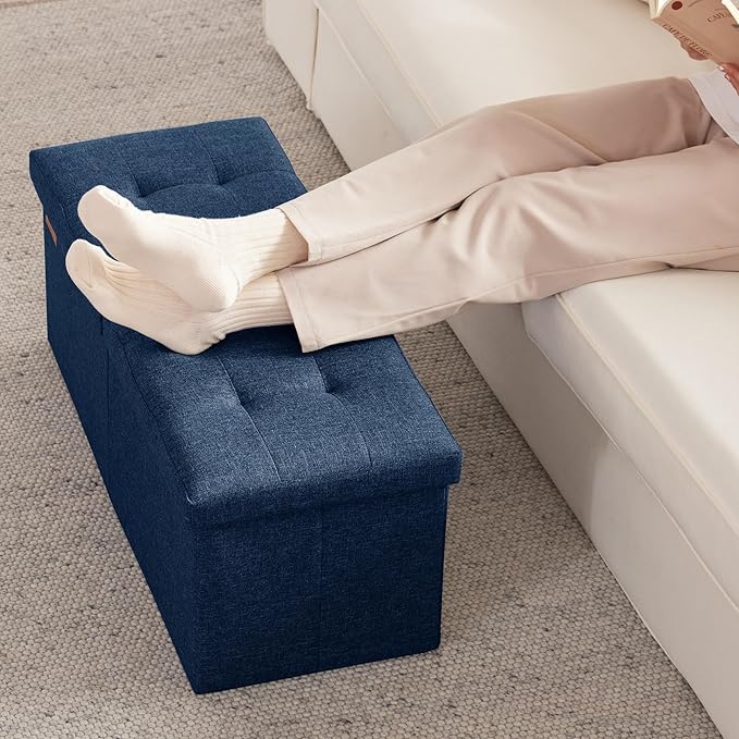 HAUSFRAU 31.5 Inches Ottoman with Storage Bench, Folding Ottoman Bench Small Foot Rest Stool, Bedroom Bench with Flipping Lid, Linen Navy Blue