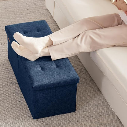 HAUSFRAU 31.5 Inches Ottoman with Storage Bench, Folding Ottoman Bench Small Foot Rest Stool, Bedroom Bench with Flipping Lid, Linen Navy Blue