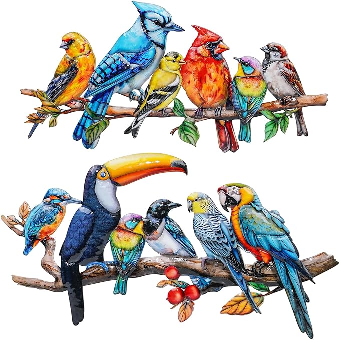 2Pcs Metal Bird Outdoor Wall Art Decor, Hummingbird Wall Silhouette Art, Bird on Branch Wall Sculpture Hanging Indoor Outdoor for Yard Garden and Patio (Birds D)