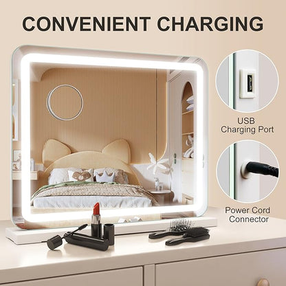 STARLEAD 19" x 14" Makeup Mirror with Lights and 10X Magnification, 3-Color Dimmable LED Lighting & Touch Control, USB Charging Port for Travel/Dressing Room