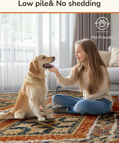 Area Rug 9x12 Rug Machine Washable Non-Slip Low Pile Print Pattern Fall Western Rug for Living Room Bedroom Entryway Tribal Series -Orange/Brown