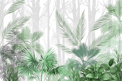 Artistically Painted Mural with Leaves of Tropical Plants on a Hazy Woodland Background Photo Wallpaper（Non-self-Adhesive）