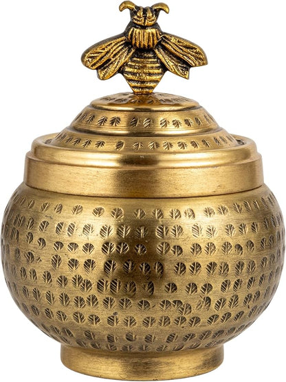 Round Hammered Metal Container with Bee Finial, Brass Finish
