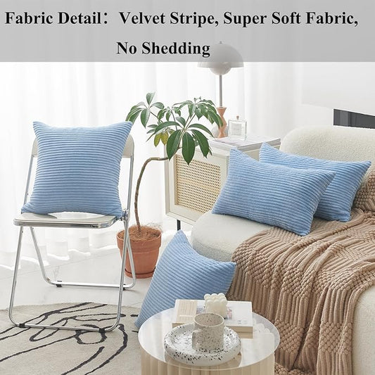 Home Brilliant Decor Super Soft Plush Corduroy Striped Throw Pillows Set of 2 Cushion Covers for Sofa Couch Bed, 50x50 cm, 20 x 20 Inch, Baby Boy Blue