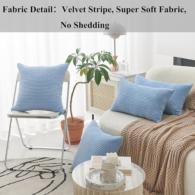 Home Brilliant Blue Throw Pillows for Couch 2 Packs Soft Cushion Covers Striped Velvet Throw Pillow Cases for Bed Living Room, 40x40 cm, 16 x 16 Inch, Baby Boy Blue
