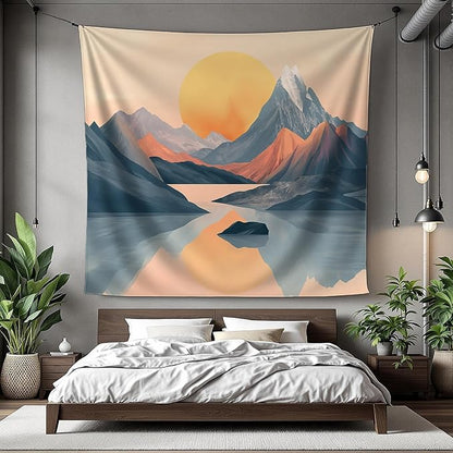 Xolytar Boho Geometric Mountain Tapestry for Nursery & Office – Minimalist Abstract Sunset Wall Art, Mid Century Modern Nature Landscape Wall Hanging for Baby Room, Zoom Background (60x50)