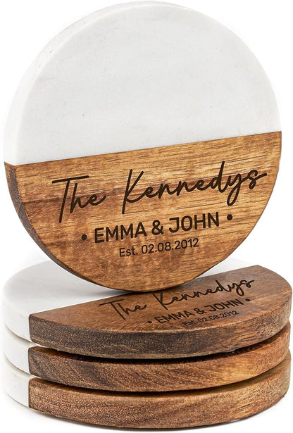AWESOMETIK Custom Personalized Marble and Acacia Wood Coasters for Cups – Engraved Round Bar Coasters with Monogram, Wedding Gift for Couples, Anniversary, Housewarming, or Engagement Home Decor Set