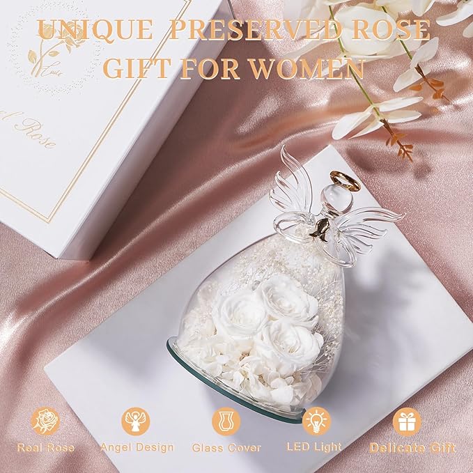 Beferr Valentines Day Rose Gifts for Her Women Mom Gifts for Birthday, Fresh Flowers for Delivery Prime Forever Preserved Rose in Glass Angel Figurine, for Grandma Wife Kids Daughter