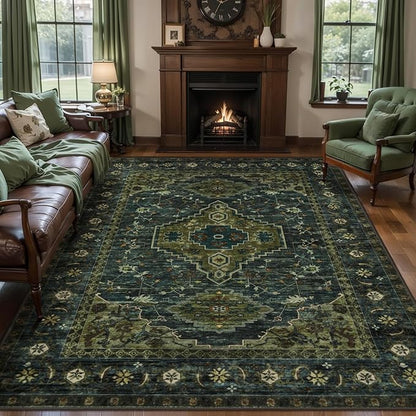 Tangsoo Green 5x7 Washable Rugs for Living Room, Vintage Non Slip Indoor Room Rug, Oriental Print Distressed Large Rugs Carpet Soft Low Pile Floor Rug for Dining Room Bedroom Dorm Olive Green