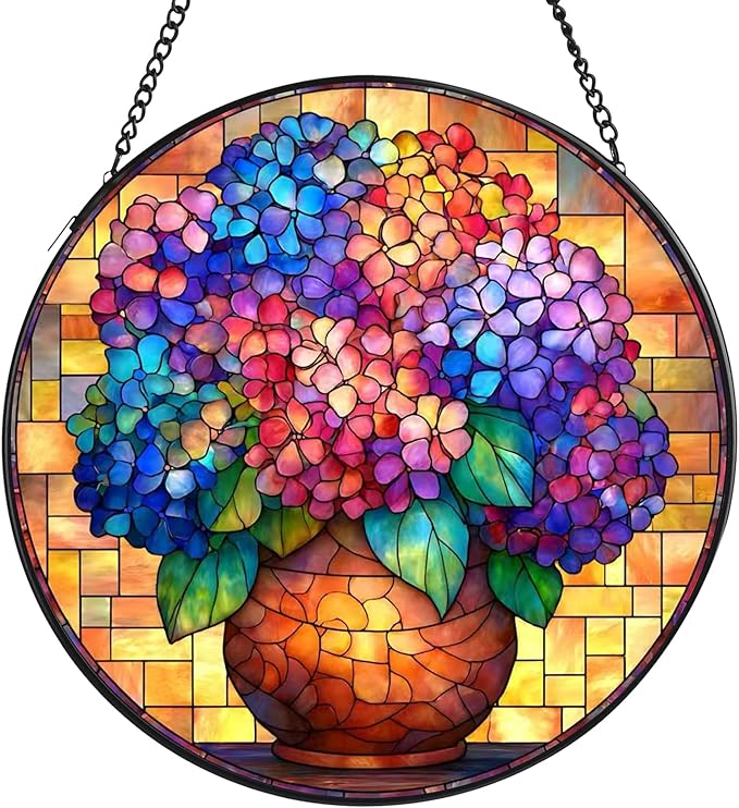 Hydrangea Stained Glass Window Hanging, 7.8" Round Sun Catcher Hand Painted Wall Art Decor with Chain, Unique Housewarming Gifts for Couples, Home