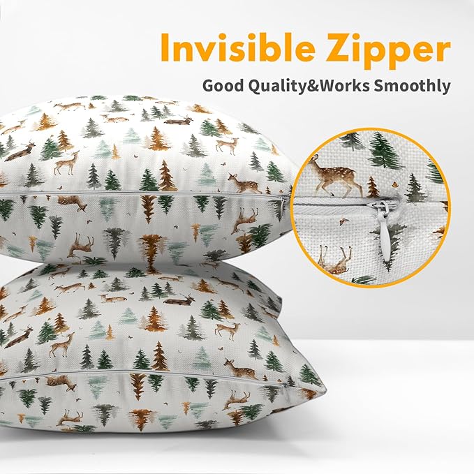 Watercolor Deer Spring Pillow Covers 22x22 Set of 2 Forest Tree Throw Pillow Covers Rustic Pillowcase Linen Decoration Farmhouse Soft Decorative Green Brown Cushion Case Couch for Indoor Home Decor