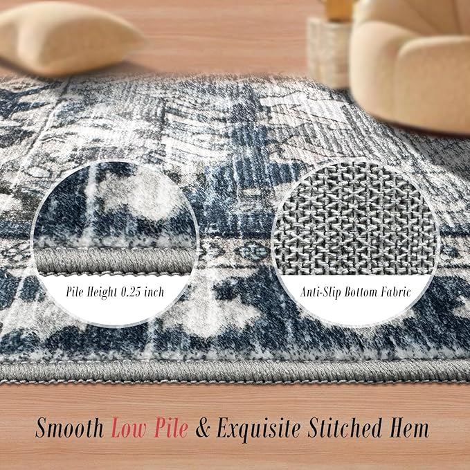 RUGSURE Washable Area Rugs - Perfect for Living Room, Bedroom, Kids Room, Nursery - Stain & Water Resistant Non-Slip, Pet & Child Friendly, Vintage Tribal Area Rugs (Grey and Blue, 5' x 7')