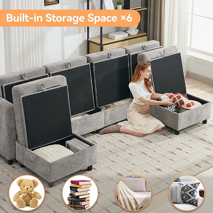 107”Modular Sectional Sofa Convertible U Shaped Sofa Couch Set with Storage for Living Room, Modern 6 Seater Modular Sectional Couch with Movable Ottoman, Chenille(Light Grey)