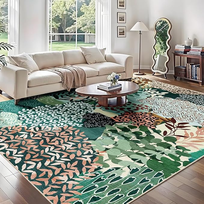 DEXDE Washable Area Rugs 6x9 for Living Room, Floral Large Rug Boho Print Vintage Low Pile Non Slip Carpet for Bedroom Kids Room Nursery Office Dinning Room, Dark Green