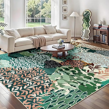 DEXDE Washable Area Rugs 6x9 for Living Room, Floral Large Rug Boho Print Vintage Low Pile Non Slip Carpet for Bedroom Kids Room Nursery Office Dinning Room, Dark Green
