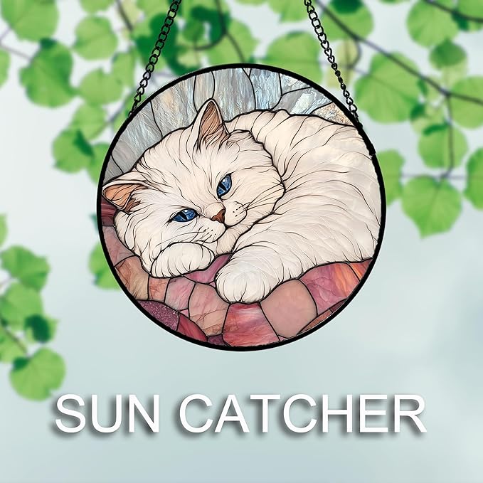Stained Glass Window Hanging 4 Pcs Set Cute Cat 9.8" - Suncatcher Door Garden Sun Catcher Decor Birthday Mother's Day Christmas Comfort Gifts for Lost Pet Woman Nana Mom Men Friend